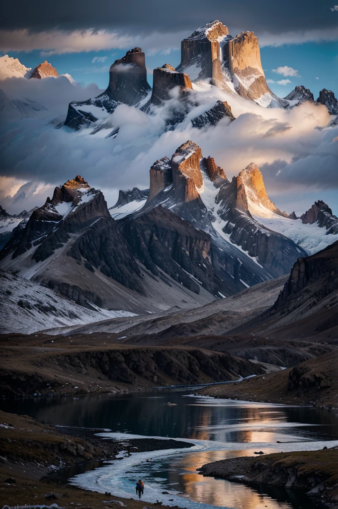 dramatic landscape of the Cuernos del Paine mountains in Torres del Paine National Park, Chile, dramatic cloudy sky, dramatic lighting, dramatic shadows, dramatic peaks, dramatic snowcapped mountains, dramatic cliffs, dramatic lake, dramatic reflection, pristine nature, unspoiled wilderness, vibrant colors, highly detailed, cinematic composition, realistic, photorealistic, HDR, 8K