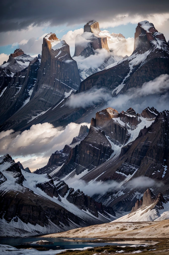 dramatic landscape of the Cuernos del Paine mountains in Torres del Paine National Park, Chile, dramatic cloudy sky, dramatic lighting, dramatic shadows, dramatic peaks, dramatic snowcapped mountains, dramatic cliffs, dramatic lake, dramatic reflection, pristine nature, unspoiled wilderness, vibrant colors, highly detailed, cinematic composition, realistic, photorealistic, HDR, 8K