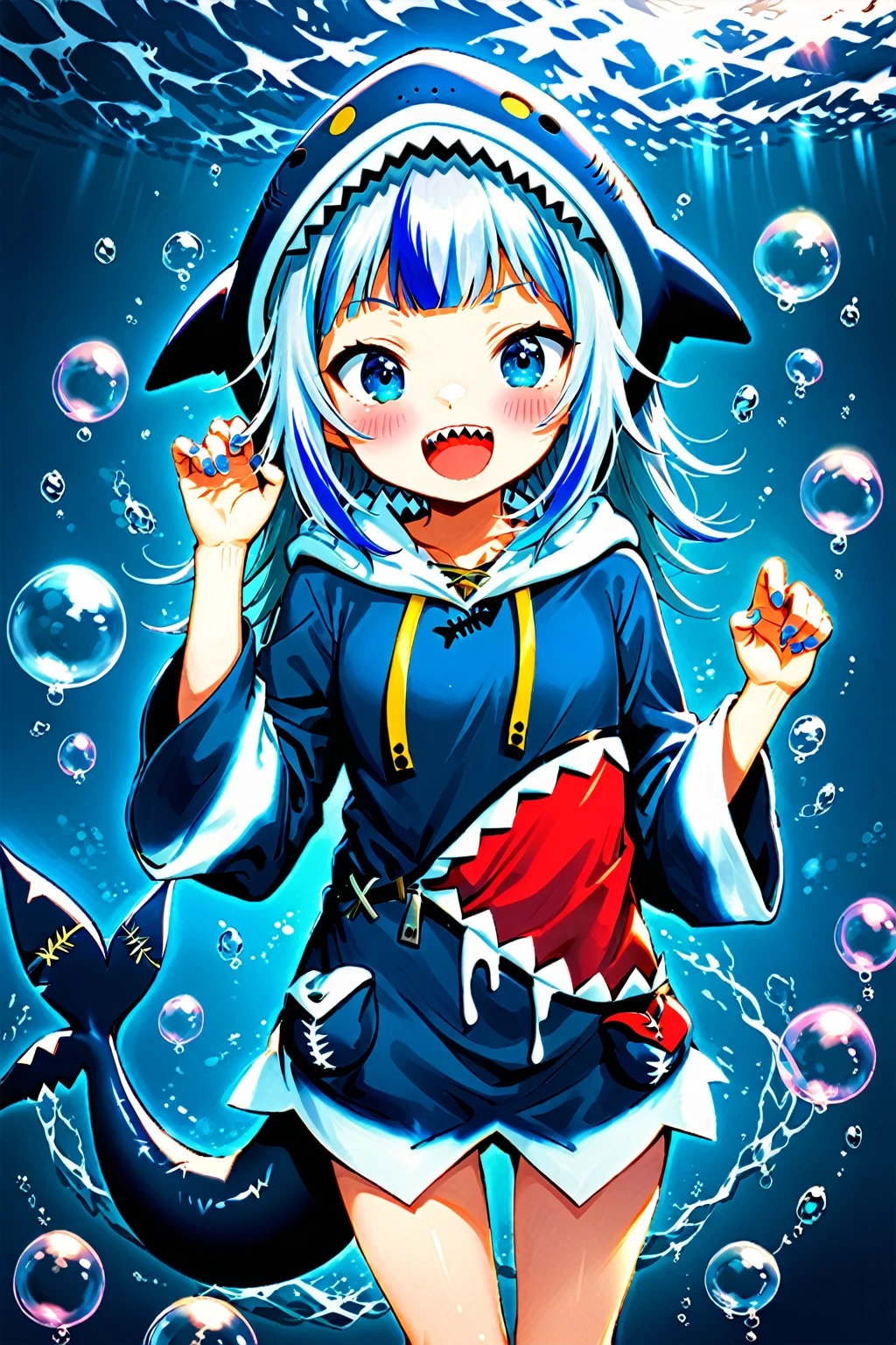 1girl, solo, blush, smile, open mouth, bangs, blue eyes, long sleeves, blue hair, tail, :d, grey hair, multicolored hair, teeth, virtual youtuber, hood, wide sleeves, blunt bangs, streaked hair, hoodie, sharp teeth, bubble, animal hood, fish tail, shark tail, blue hoodie, shark girl, shark hood, gawr gura