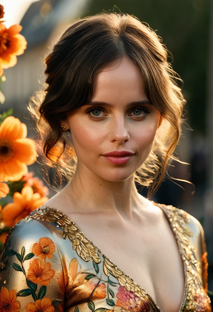 Felicity Jones,((full Body-painted)), floral,highly detailed, Midshot, (Perfect Hands), ((perfect eyes)),skin textures, detailed eyes,raw format, intricate details, high-resolution image,vivid paint colors,street photography,golden hour, natural light,High resolution,dusk setting,medium shot,warm color tone, blurred background, shallow depth of field, dusk lighting
