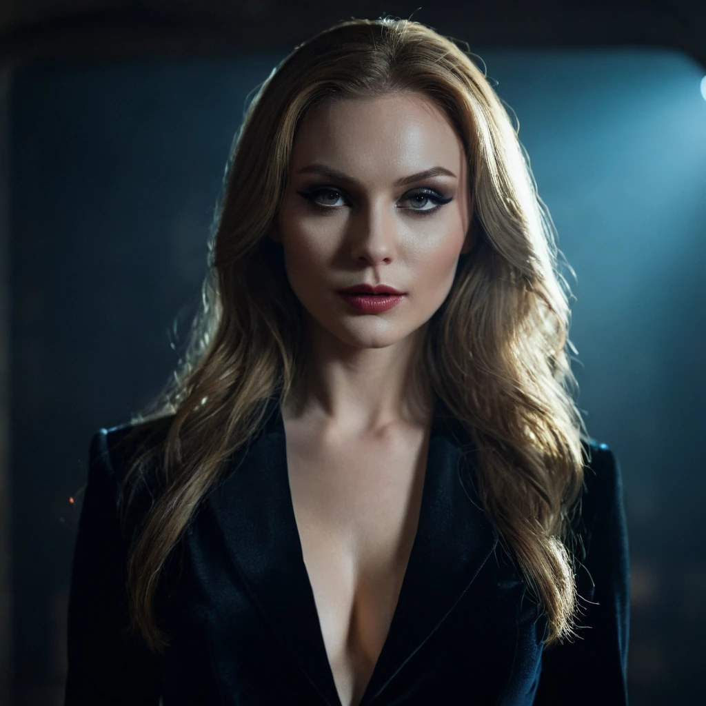 beautiful evil slavic woman, pale skin, long dark blond hair, Photo, Halloween Skin - Catwoman, in club, velvet black suit, whole body, Sharp Focus, dynamic sexy pose, helios 44-2, swirling bokeh, Sharp Focus, Студийное Photo, complex parts, high detail, sharpness, character portrait, perfect lighting, masterpiece, Detailed backstory, Cinematic lighting, 8 k, ultra detailed, hyperrealism, masterpiece, perfectly focused, f/22, symmetry and balance, artistic, infrared photography, outstanding details,