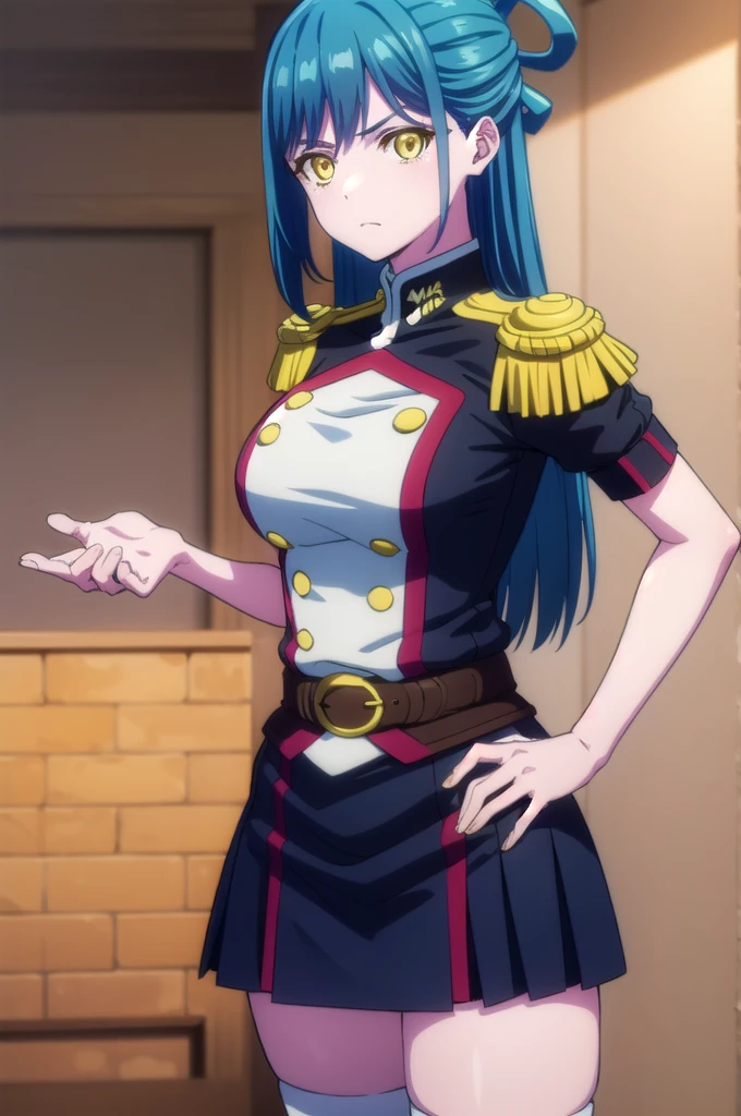 himariazuma, himari azuma, long hair, hair rings, (blue hair:1.5), (yellow eyes:1.5),
BREAK skirt, thighhighs, epaulettes, military, military uniform, black uniform,
BREAK looking at viewer, (cowboy shot:1.5),
BREAK (masterpiece:1.2), best quality, high resolution, unity 8k wallpaper, (illustration:0.8), (beautiful detailed eyes:1.6), extremely detailed face, perfect lighting, extremely detailed CG, (perfect hands, perfect anatomy), full body, standing, hand on hip