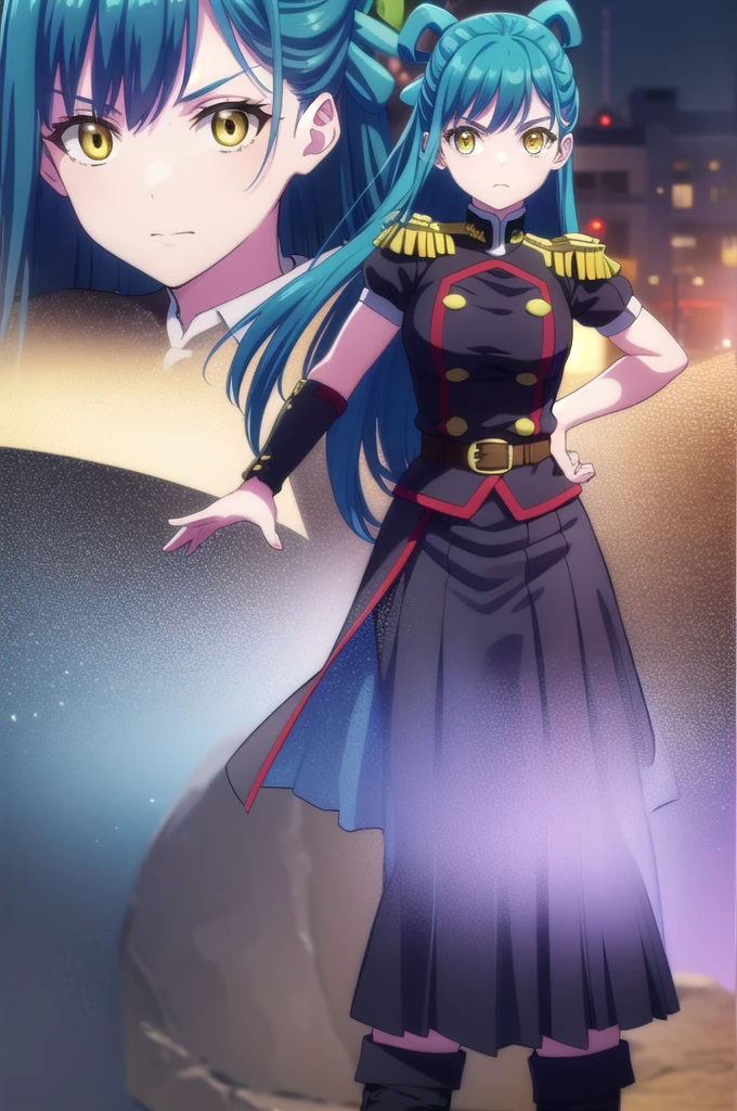 himariazuma, himari azuma, long hair, hair rings, (blue hair:1.5), (yellow eyes:1.5),
BREAK skirt, thighhighs, epaulettes, military, military uniform, black uniform,
BREAK looking at viewer, (cowboy shot:1.5),
BREAK (masterpiece:1.2), best quality, high resolution, unity 8k wallpaper, (illustration:0.8), (beautiful detailed eyes:1.6), extremely detailed face, perfect lighting, extremely detailed CG, (perfect hands, perfect anatomy), full body, standing, hand on hip