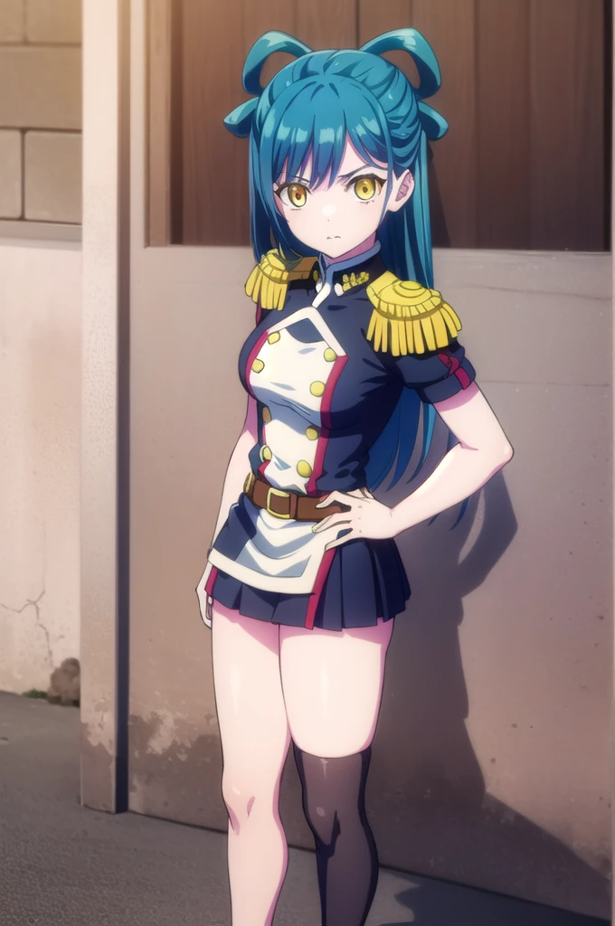 himariazuma, himari azuma, long hair, hair rings, (blue hair:1.5), (yellow eyes:1.5),
BREAK skirt, thighhighs, epaulettes, military, military uniform, black uniform,
BREAK looking at viewer, (cowboy shot:1.5),
BREAK (masterpiece:1.2), best quality, high resolution, unity 8k wallpaper, (illustration:0.8), (beautiful detailed eyes:1.6), extremely detailed face, perfect lighting, extremely detailed CG, (perfect hands, perfect anatomy), full body, standing, hand on hip