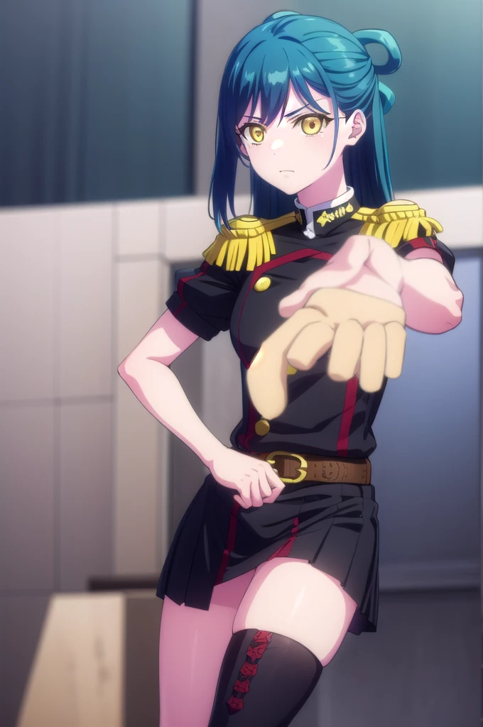 himariazuma, himari azuma, long hair, hair rings, (blue hair:1.5), (yellow eyes:1.5),
BREAK skirt, thighhighs, epaulettes, military, military uniform, black uniform,
BREAK looking at viewer, (cowboy shot:1.5),
BREAK (masterpiece:1.2), best quality, high resolution, unity 8k wallpaper, (illustration:0.8), (beautiful detailed eyes:1.6), extremely detailed face, perfect lighting, extremely detailed CG, (perfect hands, perfect anatomy), full body, standing, hand on hip