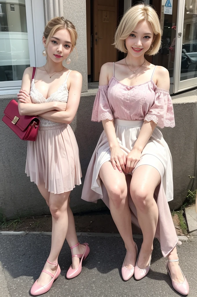 Masterpiece,4K,8K,real,One Woman,Japanese,Age 25,Short blonde bob,fine,Active,bright,healthy,nice smile,An innocent smile,Elegant,clear,Slightly droopy eyes,Kind Face,Large Breasts,Charm,Little red lips,Nice style,Pink ruffled tops,White lace skirt,Ballet Flat Shoes,Ballet Flat Shoes,Crossbody Bags,Pearl Earrings,The background is the city