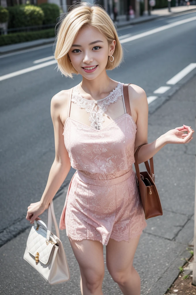 Masterpiece,4K,8K,real,One Woman,Japanese,Age 25,Short blonde bob,fine,Active,bright,healthy,nice smile,An innocent smile,Elegant,clear,Slightly droopy eyes,Kind Face,Large Breasts,Charm,Little red lips,Nice style,Pink ruffled tops,White lace skirt,Ballet Flat Shoes,Ballet Flat Shoes,Crossbody Bags,Pearl Earrings,The background is the city