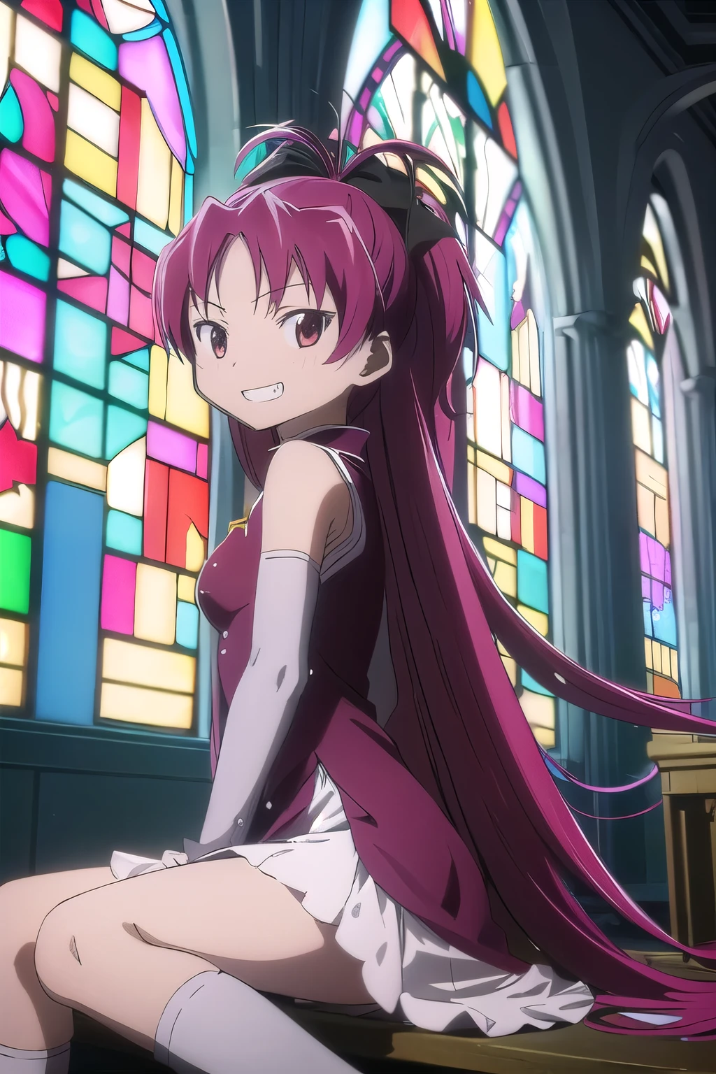 (masterpiece), best quality, (((ultra detailed, 8k quality))), expressive eyes, perfect face, perfect anatomy, perfect body, scene, 1girl, looking at viewer, kyouko sakura, indoors, church, stained glass, window, sunlight, sitting, knee up, magical girl, grin, fang