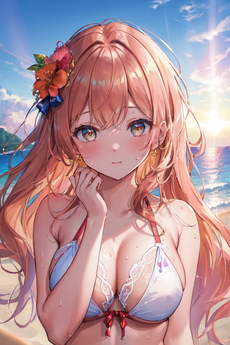 (((masterpiece: 1.5, Highest quality, High resolution: 1.3, Super Resolution, Very detailed, Super detailed:1.3, Rich background:1.2))), ((Face close-up)), One girl, alone, Hazel Eyes, Long brown wavy hair, Pink Bikini, slender、Pink Panties, ((Raise one hand)), (Underarm), (Sweat), (Outdoor), ((Ocean: 1.2)), ((Beach)), scenery, (evening), ((Dynamic Light: 1.4))