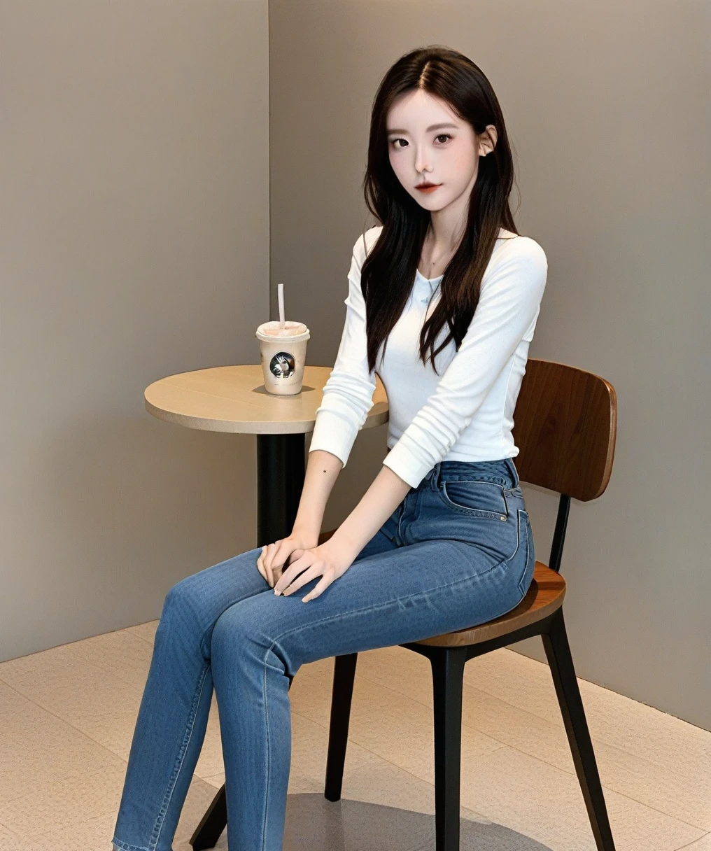 Score_9,Score_8_up,Score_7_up,in a coffee shop,1 girl,white top,skinny jeans,sitting_on_chair,muted colors,