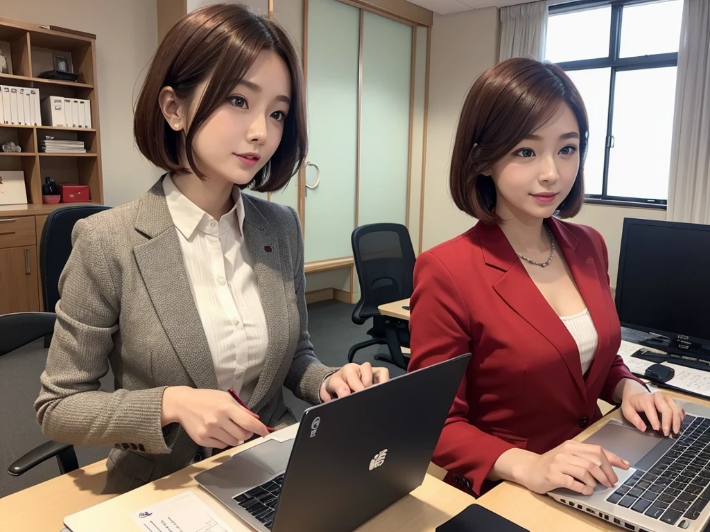 Japanese women、Beautiful red、OL、Medium Bob、Brown Hair、daytime office、Formal attire、Speak gently here、laptop、Working