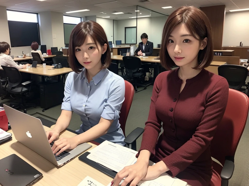 Japanese women、Beautiful red、OL、Medium Bob、Brown Hair、daytime office、Formal attire、Speak gently here、laptop、Working