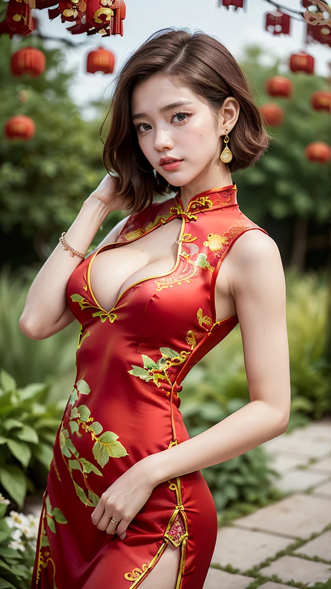 ((Highest quality, 8K, masterpiece :1.3)), (Sharp focus :1.2, Beautiful woman with perfect figure :1.4, Slim Abs :1.2), ((Big Breasts, Emphasize cleavage:1.3)), (Photorealistic:1.4), (realistic:1.4), (Short Bob Hair, Light brown hair:1.5), Highly detailed face and skin texture, Fine grain, double eyelid. Makeup face, A little bit of lipstick, sex appeal, Sexy gravure pose, ((Woman in red cheongsam、Antique garden background、Bright smile、Jade Earrings、A pose showing legs through a slit in a dress。:1.3)