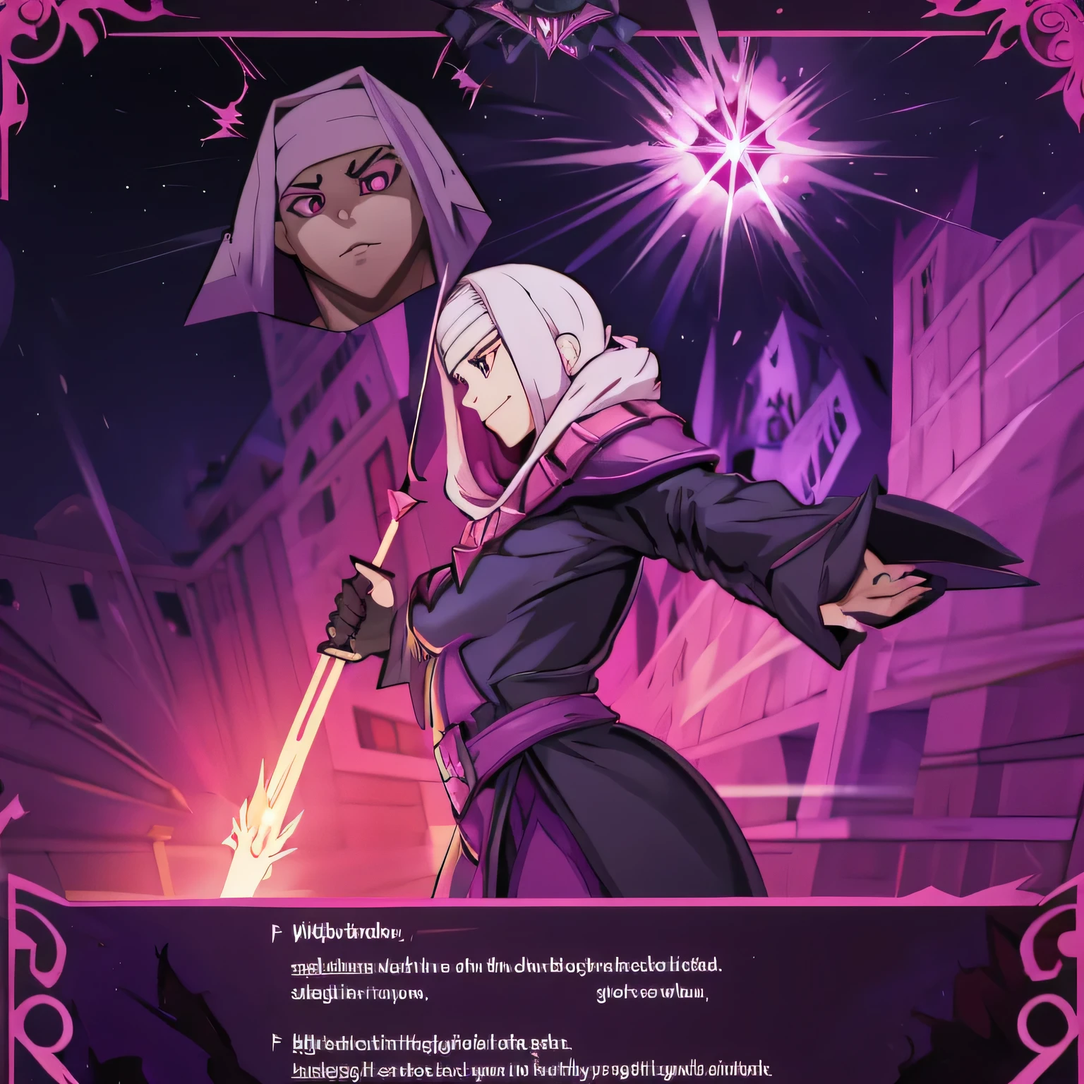 a poster of a woman in a pink dress holding a wand, I will tear from the overlord, arcane art style, dueling style, omen from valorant, evil sorcerer, handsome dream demon, demonic robes, will tear the fallen blood, noble demon character design, black magician girl, paleta de colores hyper light drifter