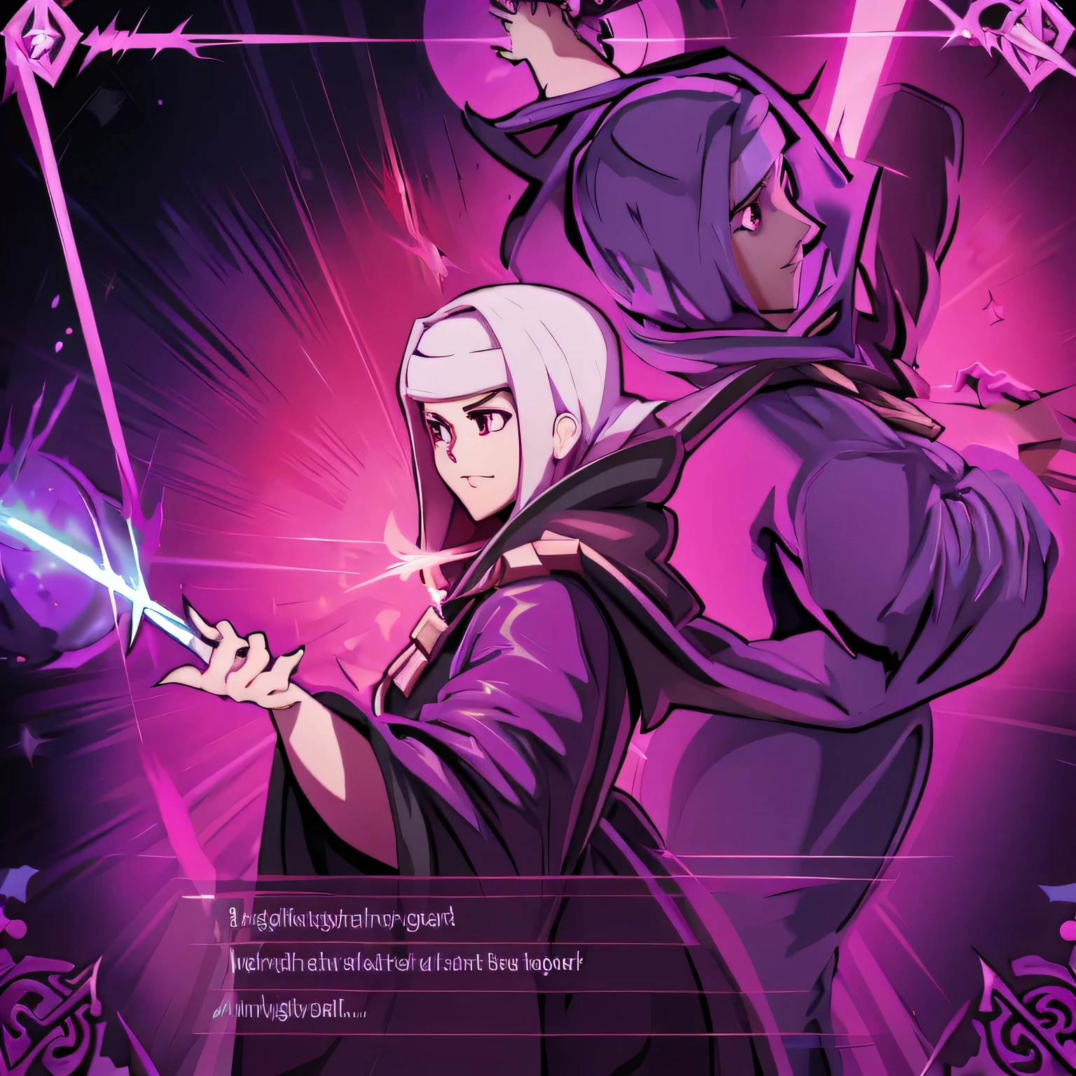 a poster of a woman in a pink dress holding a wand, I will tear from the overlord, arcane art style, dueling style, omen from valorant, evil sorcerer, handsome dream demon, demonic robes, will tear the fallen blood, noble demon character design, black magician girl, paleta de colores hyper light drifter