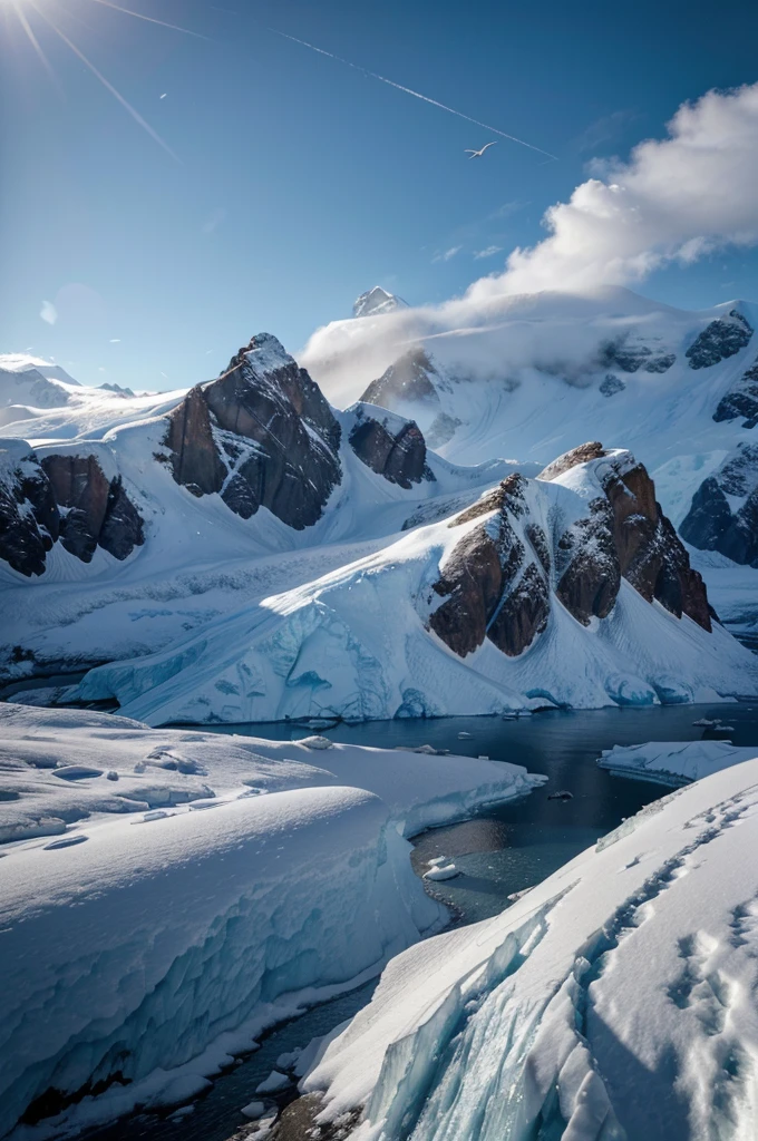 detailed mountainous antarctic landscape, massive snow-capped mountains, rocky cliffs, icy glaciers, dramatic clouds, cinematic lighting, vibrant colors, photorealistic, 8k, highly detailed, (best quality,4k,8k,highres,masterpiece:1.2),ultra-detailed,(realistic,photorealistic,photo-realistic:1.37),dramatic lighting,moody atmosphere,rugged terrain,snow-covered peaks,frozen lake,ice formations,wildlife in the distance,awe-inspiring scale