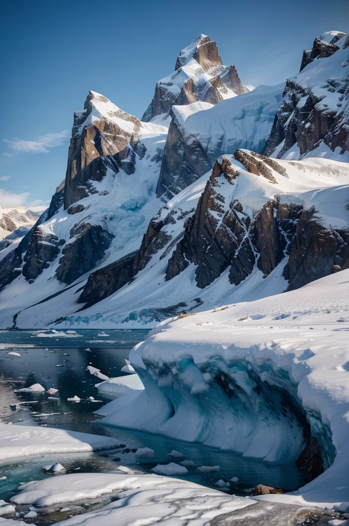 detailed mountainous antarctic landscape, massive snow-capped mountains, rocky cliffs, icy glaciers, dramatic clouds, cinematic lighting, vibrant colors, photorealistic, 8k, highly detailed, (best quality,4k,8k,highres,masterpiece:1.2),ultra-detailed,(realistic,photorealistic,photo-realistic:1.37),dramatic lighting,moody atmosphere,rugged terrain,snow-covered peaks,frozen lake,ice formations,wildlife in the distance,awe-inspiring scale