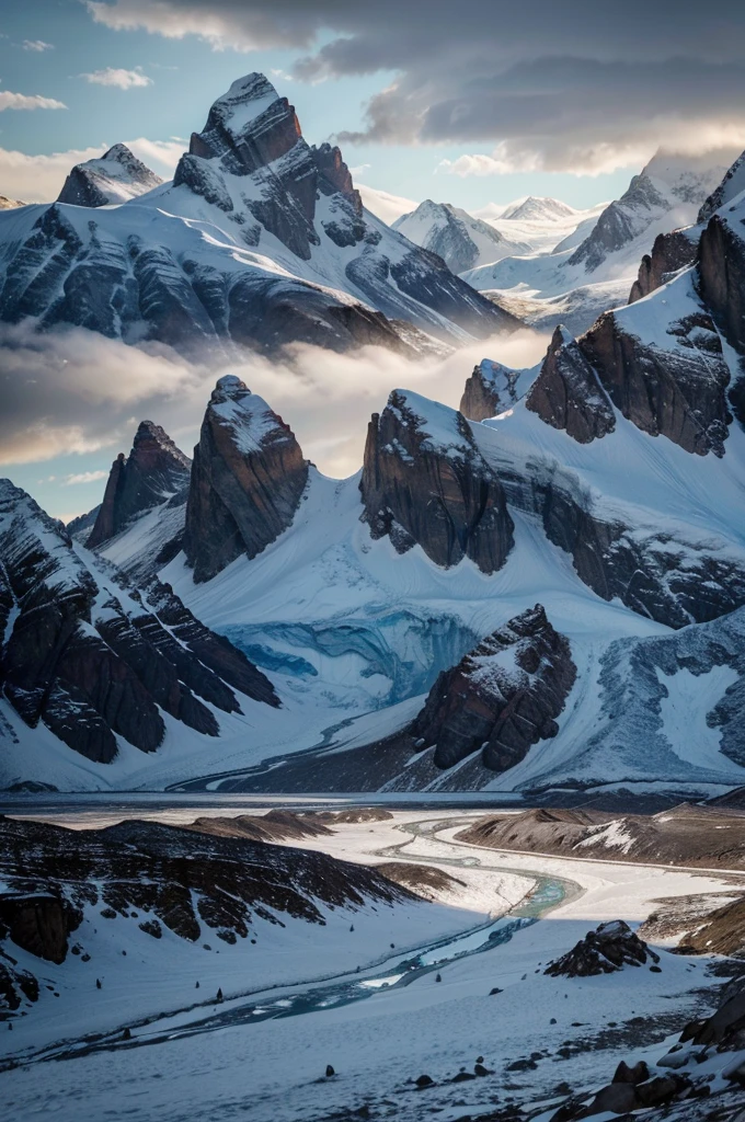 detailed mountainous antarctic landscape, massive snow-capped mountains, rocky cliffs, icy glaciers, dramatic clouds, cinematic lighting, vibrant colors, photorealistic, 8k, highly detailed, (best quality,4k,8k,highres,masterpiece:1.2),ultra-detailed,(realistic,photorealistic,photo-realistic:1.37),dramatic lighting,moody atmosphere,rugged terrain,snow-covered peaks,frozen lake,ice formations,wildlife in the distance,awe-inspiring scale
