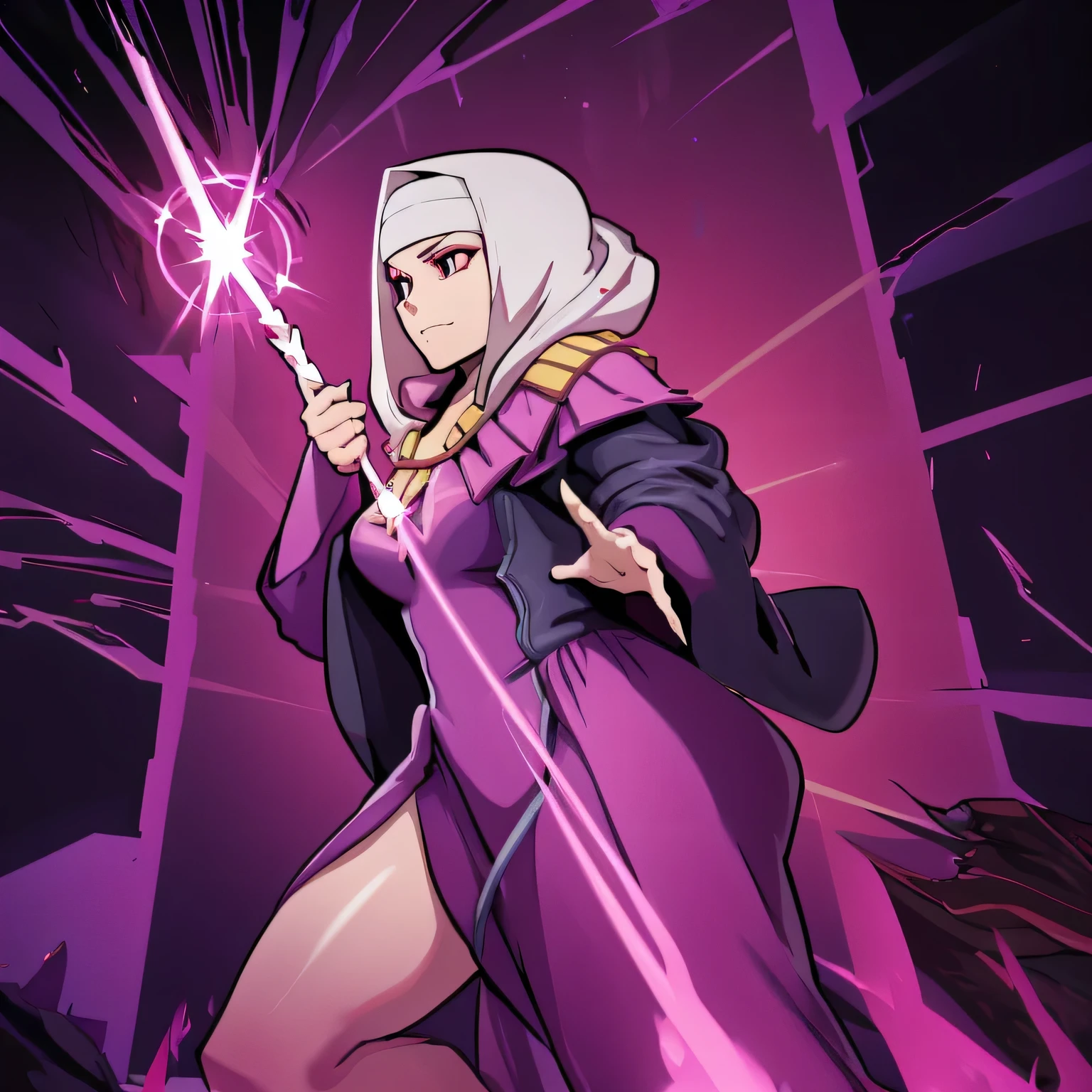 a poster of a woman in a pink dress holding a wand, I will tear from the overlord, arcane art style, dueling style, omen from valorant, evil sorcerer, handsome dream demon, demonic robes, will tear the fallen blood, noble demon character design, black magician girl, paleta de colores hyper light drifter