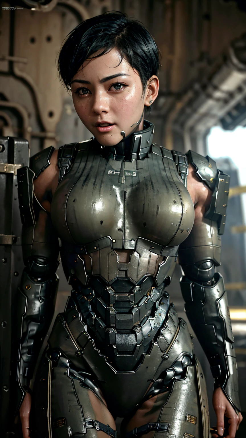 Textured skin, Very detailed, Attention to detail, high quality, 最high quality, High resolution, 1080P, hard disk, beautiful,(War Machine),beautifulサイボーグ女性,Mecha Cyborg Girl,Battle Mode,Girl with a mechanical body　Black Hair　Short Hair Boyish　Dark green armor　Sweaty and wet face　The change is over　Met Off　Steam coming from the head　Steam coming out of the whole body　Painful expression　Please open your mouth wide　Snug-fitting headgear　Black Inner Suit　Full body portrait　from the front