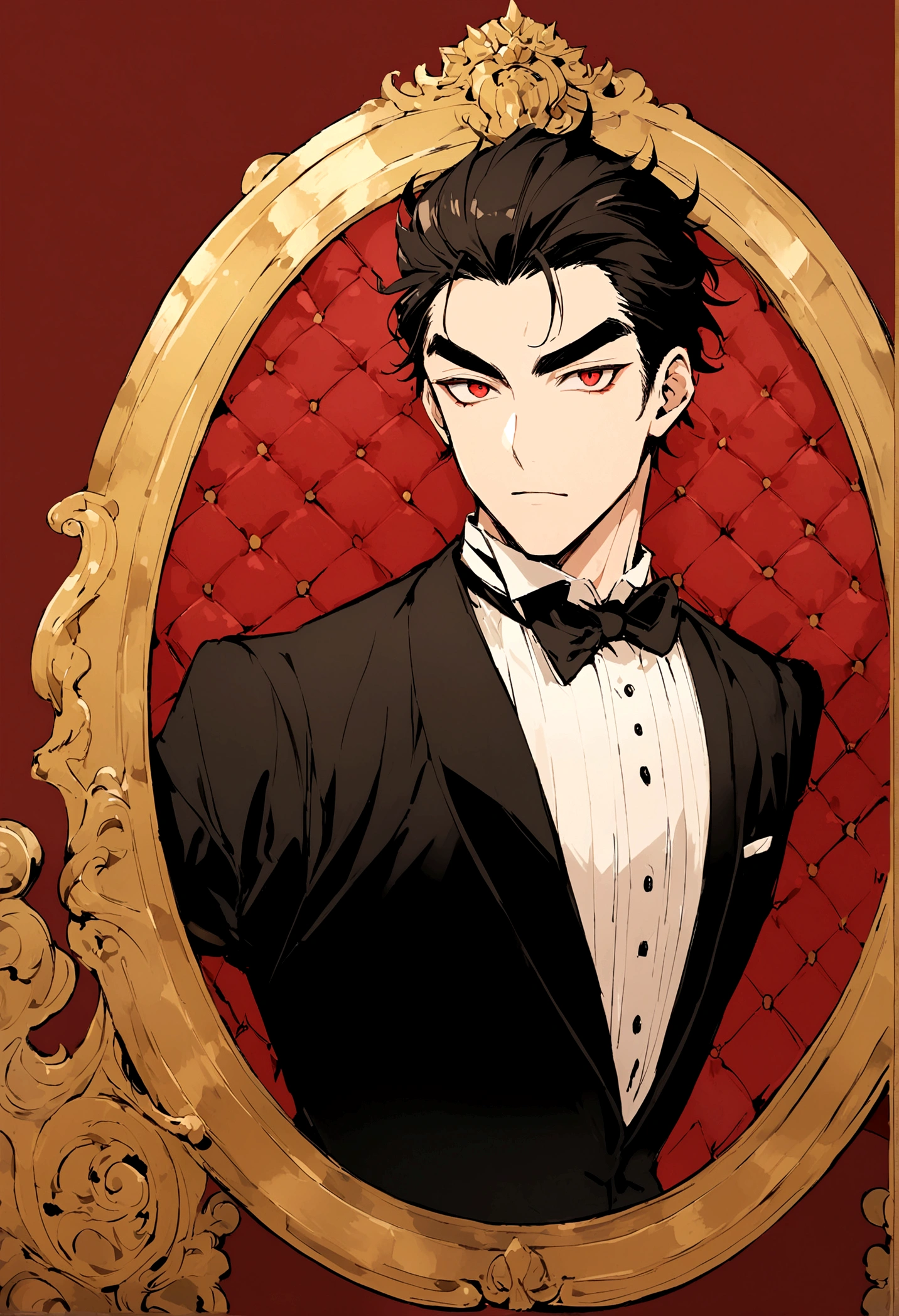 Male, King, handsome, thin eyebrows, red eyes, short and black hair, wearing tuxedo, 