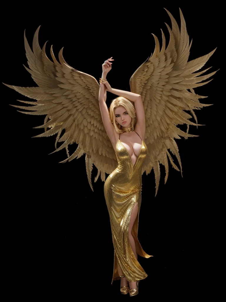 very beautiful girl, hair blonde, gold dress, golden eagle wings.