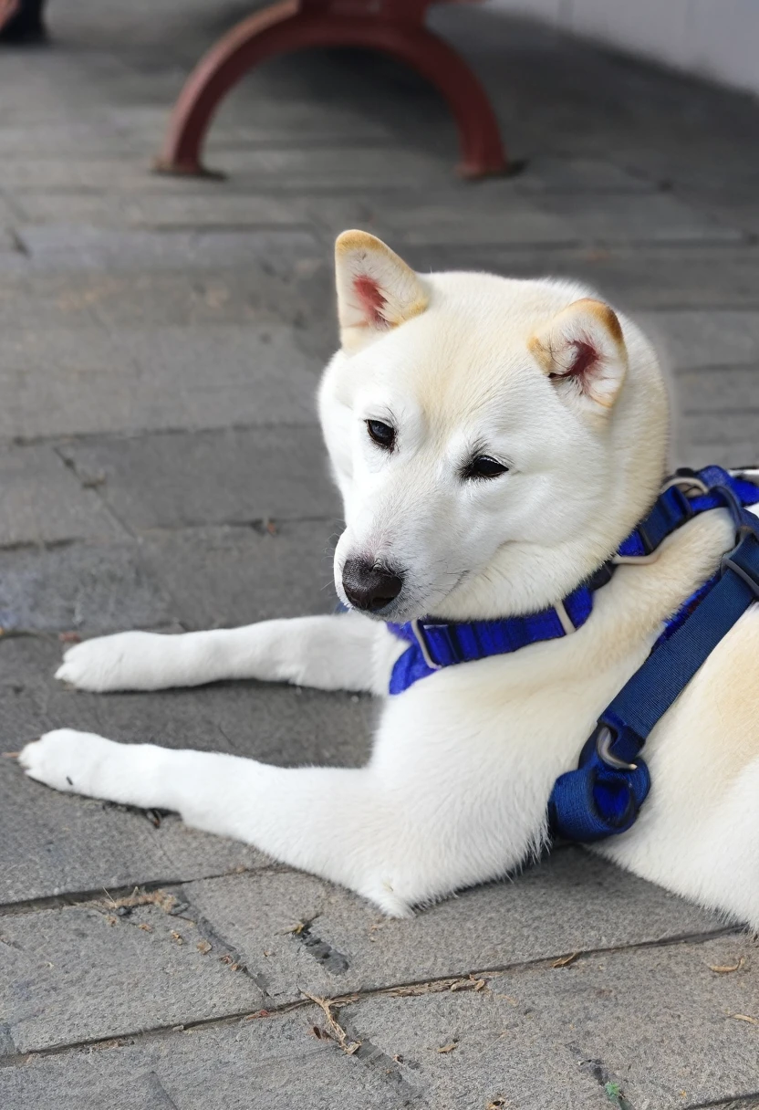 araffe dog laying on the ground with a leash on, shibu inu, japanese dog, shiba inu, shikamimi, shiba inu dog, husky, husky dog, doge, anthropomorphic shiba inu, dominant wihte and blue colours, miko, harness, noon, k9, sha xi
