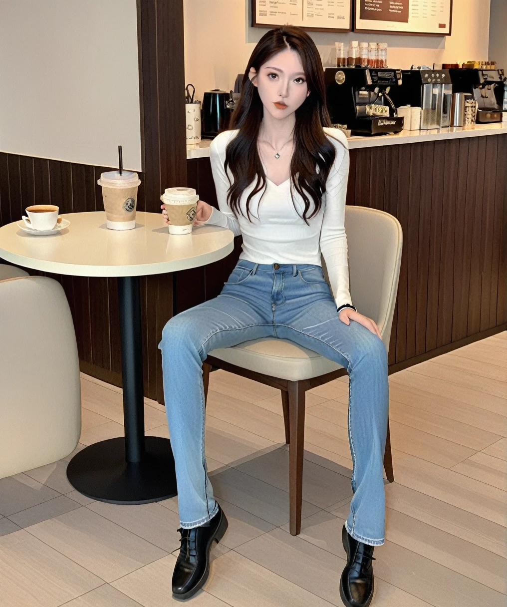 score_9,score_8_superior,score_7_superior,At the coffee shop,1 Girl,White top,Skinny jeans,Sitting_のsuperior_Chair,Calm colors,