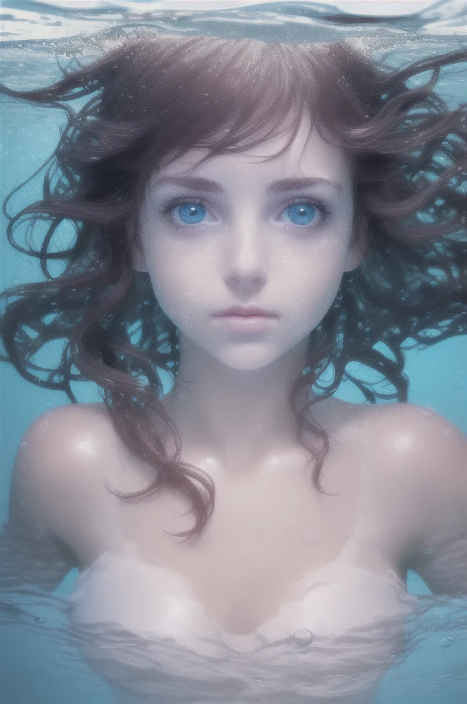 masterpiece, photo realistic, face portrait of 1girl, swimming underwater, white top, bare shoulders, beautiful girl face, natural detailed hair movement underwater, air bubbles, vibrant, realistic, dramatic, sharp focus, 8k