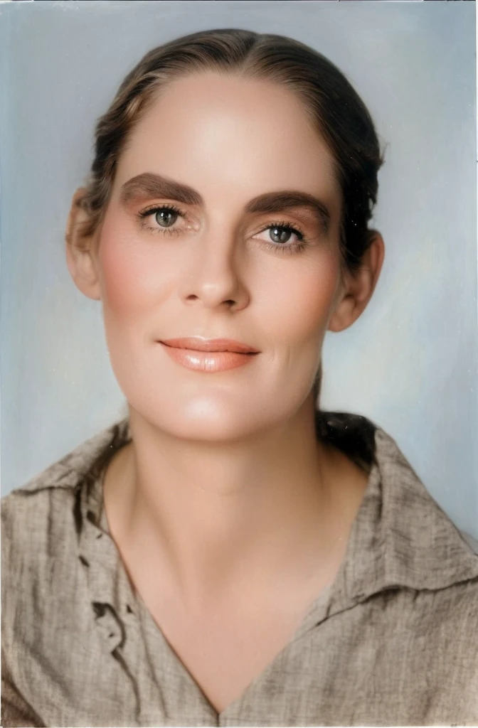 there is a woman with a brown shirt and a black and white photo, a colorful photo, realistic restored face, colorful photo, detailed retrato colorful, colorful photograph, retrato colorful, real life portrait, inspired by Anna Füssli, colorful, award winning colorful photo, late - 4 0s old, restored color, Magda Torres Gurza, colorful