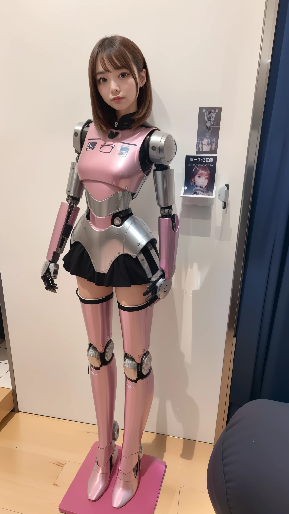 Robot Girl, pink there, Silver, Metallic body, Robot Parts, Metal Parts, Super Detailed Face, Super well-formed face, of the highest quality, a small face, a small head, Brown hair, Slender body, Camera gaze, Internal Mechanical Exposure, Idol, front facing, Well-proportioned body, sale, Exhibited, Event Hall, Moe Pose, pink metallic Lolita dress machine armor, Standing with legs open, Model body type, sad, Embarrassing,(Perfect Robot Girl),(Perfect machine body)