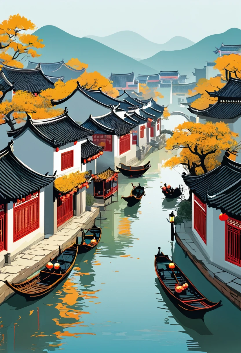 Vector illustration，Jiangnan Water Village