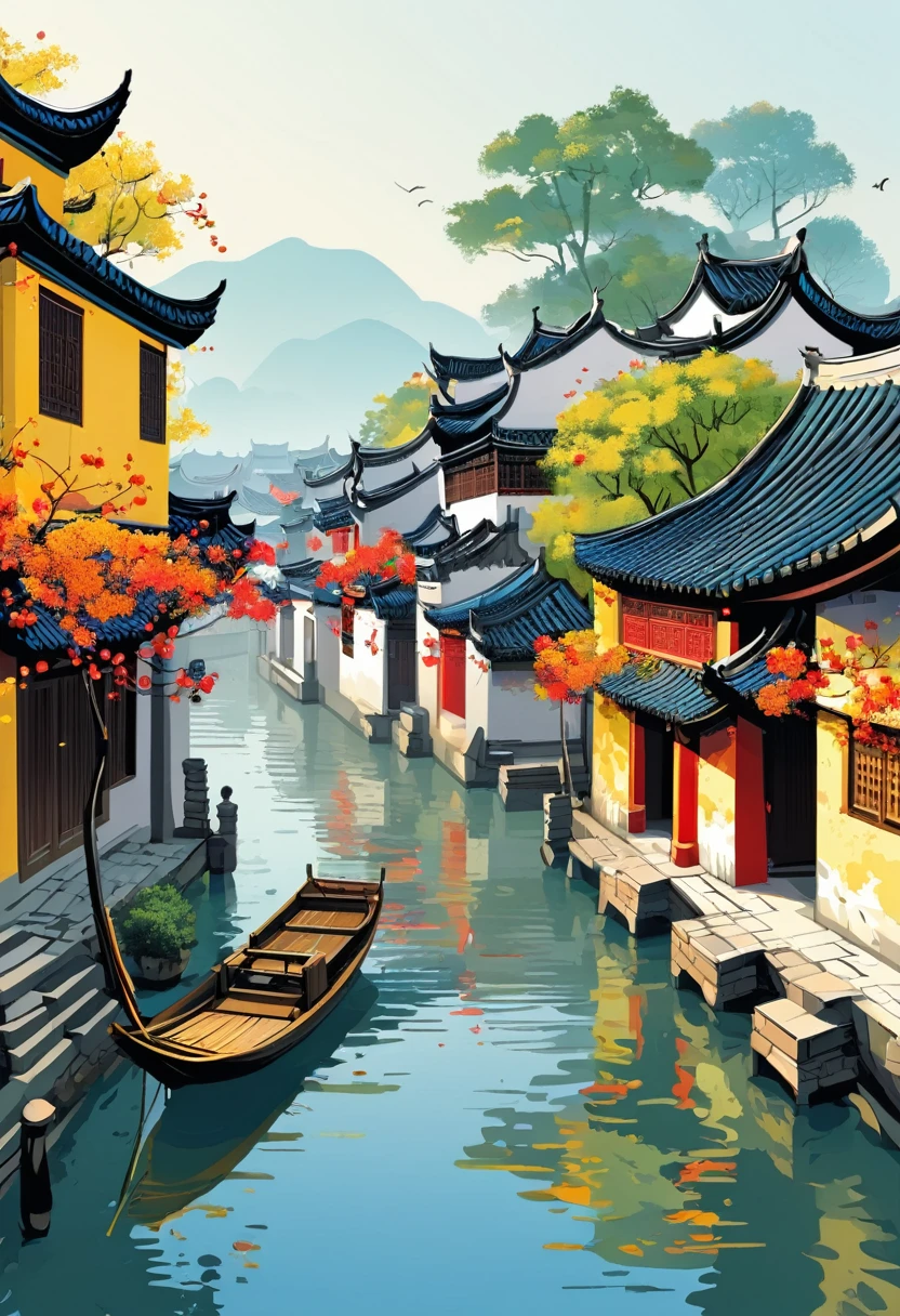 Vector illustration，Jiangnan Water Village
