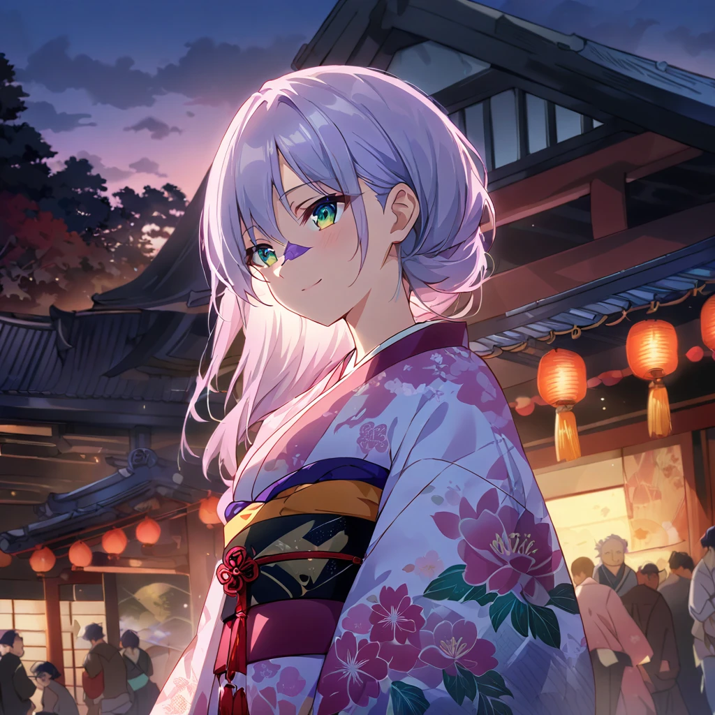 1girl,(japanese clothes, pink kimono, floral print,  kimono,  print kimono,  sash, wide sleeves, obi),Shrine grounds in the morning,  background,(RAW photo, best quality), (anime style:1.4), masterpiece, an extremely delicate and beautiful, extremely detailed, 2k wallpaper, Amazing, finely detail, extremely detailed CG unity 8k wallpaper, ultra-detailed, highres, soft light, beautiful detailed girl, extremely detailed eyes and face, beautiful detailed nose, beautiful detailed eyes,cinematic lighting,perfect anatomy,slender body,light smile,lavender-colored hair,green eyes,