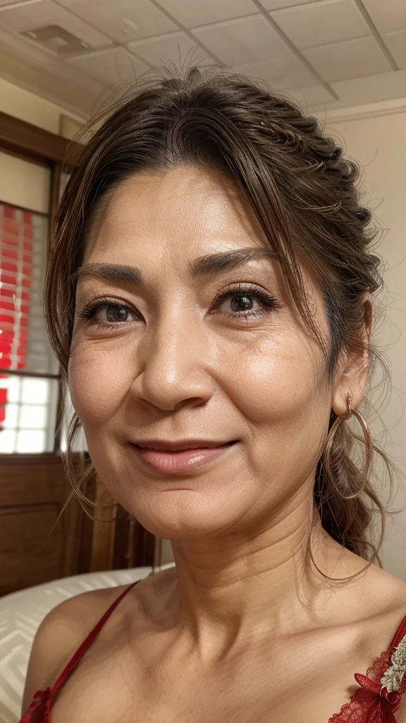 ((Highest quality)), ((8K)), ((masterpiece: 1.3)), (Perfect appearance), (Photorealism: 1.6), (AYN), (JMA), 1人のJapanese , (Japanese Matureト), (Blurred Background), (65 years old, Japanese Mature), ((Ric skin texture)), (Fine lines all over the skin), (Dull skin), (Facial wrinkles), (Wrinkles around the eyes), double eyelid, Tear bags under the eyelids, (red lace slip), (View from below),