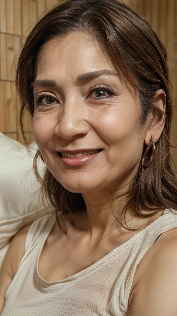 ((Highest quality)), ((8K)), ((masterpiece: 1.3)), (Perfect appearance), (Photorealism: 1.6), (AYN), (JMA), 1人のJapanese Mature, (Japanese Matureのポートレート), (Blurred Background), (65 years old, Japanese Mature), ((Realistic skin texture)), (Fine lines all over the skin), (Dull skin), (Facial wrinkles), (Wrinkles around the eyes), double eyelid, Tear bags under the eyelids, (red lace slip), (View from below),