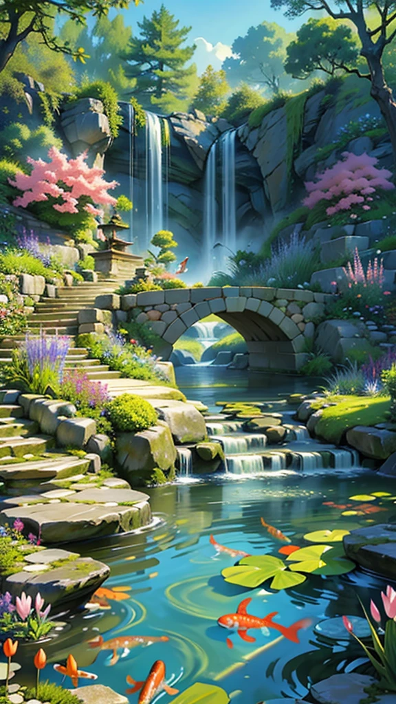 ((masterpiece)), ((best quality)), ((high detail)) digital painting of a serene fantasy garden in spring, no human, with a koi pond, stone bridges, and a variety of fantastical flora and fauna, fantasy spring garden