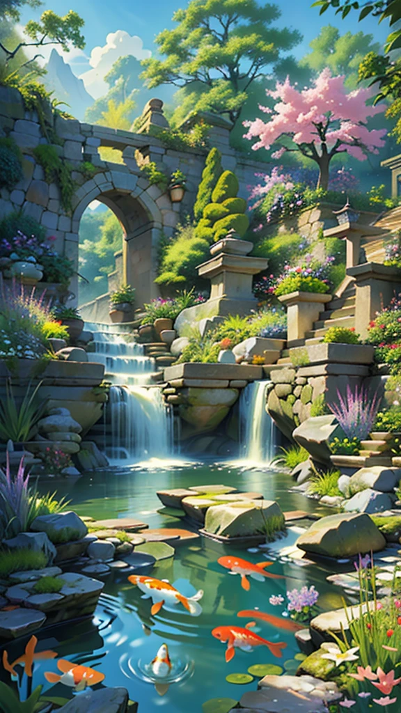 ((masterpiece)), ((best quality)), ((high detail)) digital painting of a serene fantasy garden in spring, no human, with a koi pond, stone bridges, and a variety of fantastical flora and fauna, fantasy spring garden
