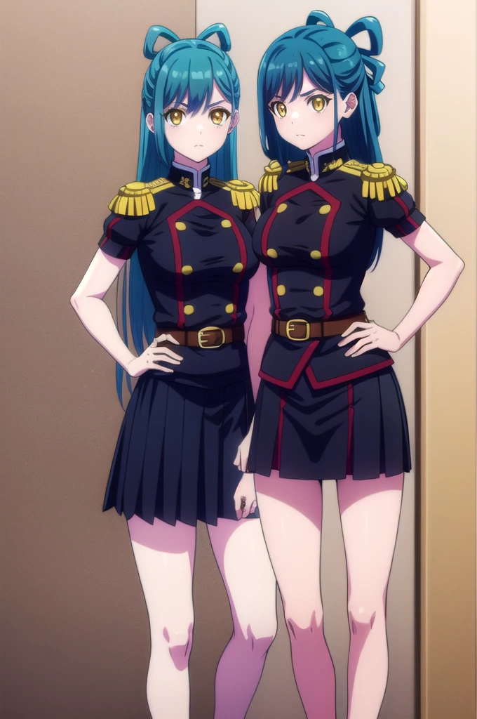 himariazuma, himari azuma, long hair, hair rings, (blue hair:1.5), (yellow eyes:1.5),
BREAK skirt, thighhighs, epaulettes, military, military uniform, black uniform,
BREAK looking at viewer, (cowboy shot:1.5),
BREAK (masterpiece:1.2), best quality, high resolution, unity 8k wallpaper, (illustration:0.8), (beautiful detailed eyes:1.6), extremely detailed face, perfect lighting, extremely detailed CG, (perfect hands, perfect anatomy), full body, standing, hand on hip