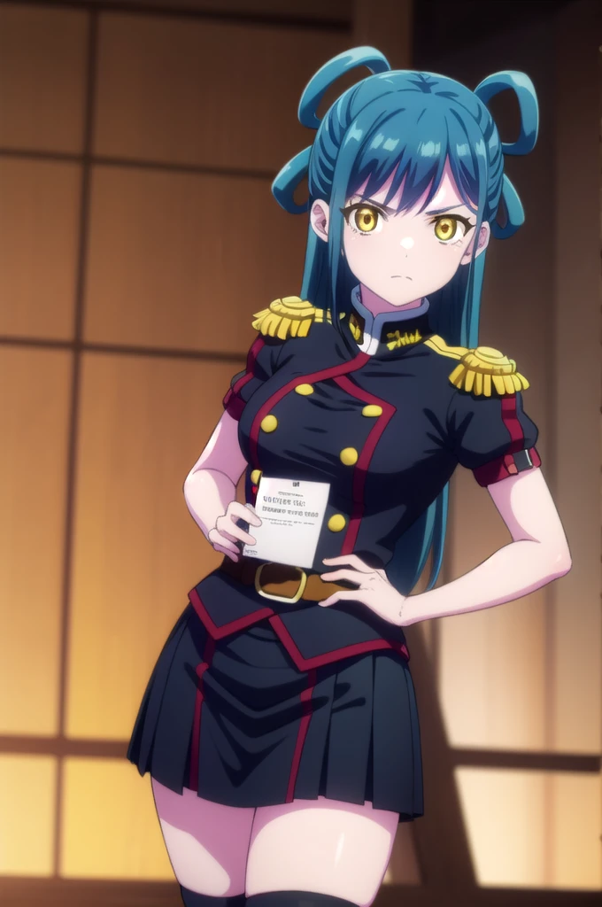 himariazuma, himari azuma, long hair, hair rings, (blue hair:1.5), (yellow eyes:1.5),
BREAK skirt, thighhighs, epaulettes, military, military uniform, black uniform,
BREAK looking at viewer, (cowboy shot:1.5),
BREAK (masterpiece:1.2), best quality, high resolution, unity 8k wallpaper, (illustration:0.8), (beautiful detailed eyes:1.6), extremely detailed face, perfect lighting, extremely detailed CG, (perfect hands, perfect anatomy), full body, standing, hand on hip