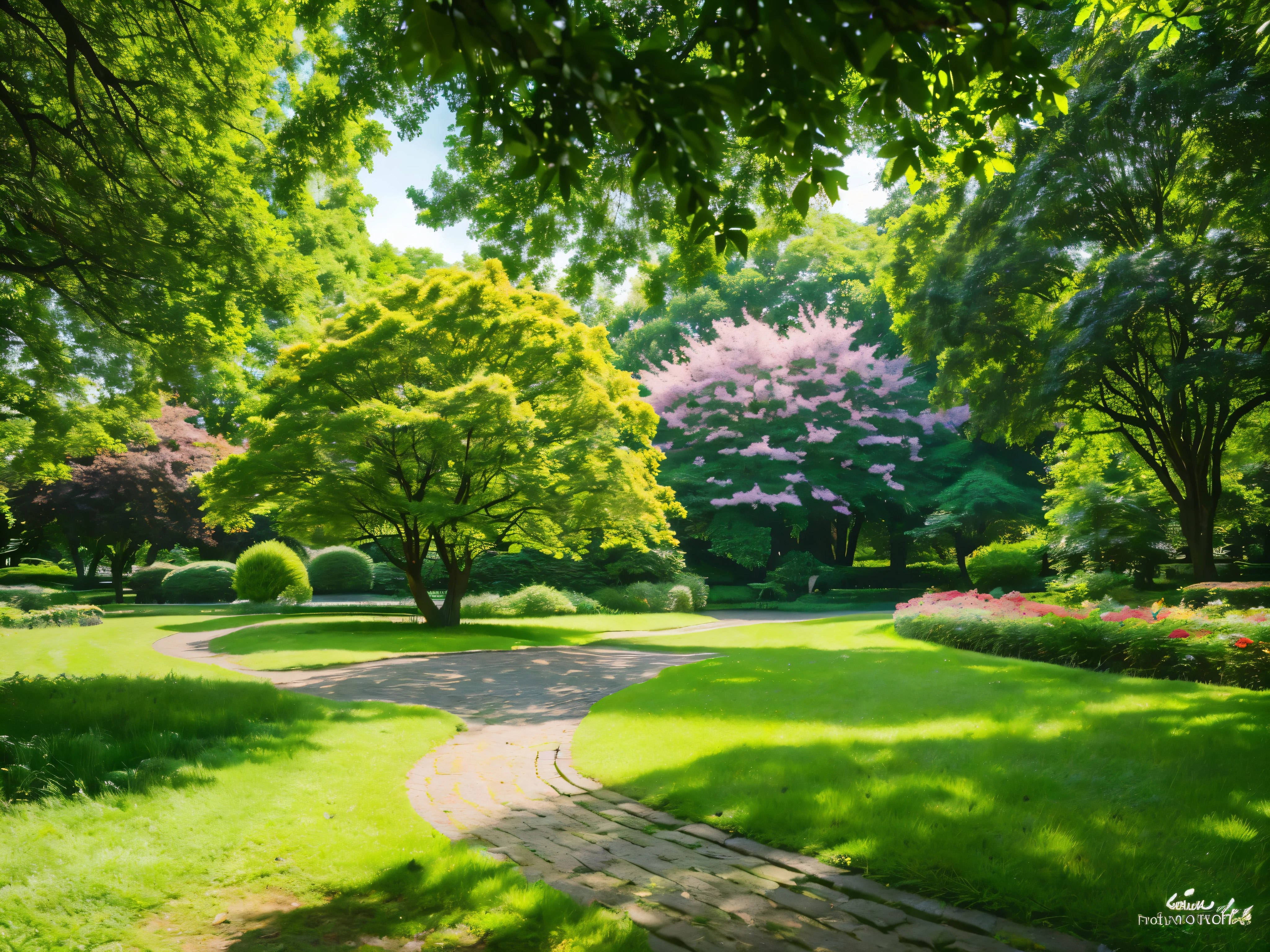 a lush green park, intricate foliage, towering trees, sunlight filtering through leaves, tranquil pond, dappled shadows, vibrant flowers, winding paths, peaceful atmosphere, (best quality,4k,8k,highres,masterpiece:1.2),ultra-detailed,(realistic,photorealistic,photo-realistic:1.37),highly detailed landscape, serene environment, natural lighting, vivid colors, stunning scenery