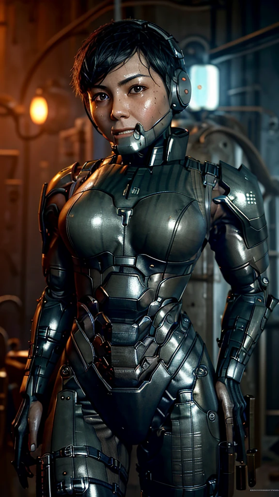 Textured skin, Very detailed, Attention to detail, high quality, 最high quality, High resolution, 1080P, hard disk, beautiful,(War Machine),beautifulサイボーグ女性,Mecha Cyborg Girl,Battle Mode,Girl with a mechanical body　Black Hair　Short Hair Boyish　Dark green armor　Sweaty and wet face　The change is over　Met Off　Steam coming from the head　Steam coming out of the whole body　Painful expression　Please open your mouth wide　Snug-fitting headgear　Black Inner Suit　Full body portrait　from the front