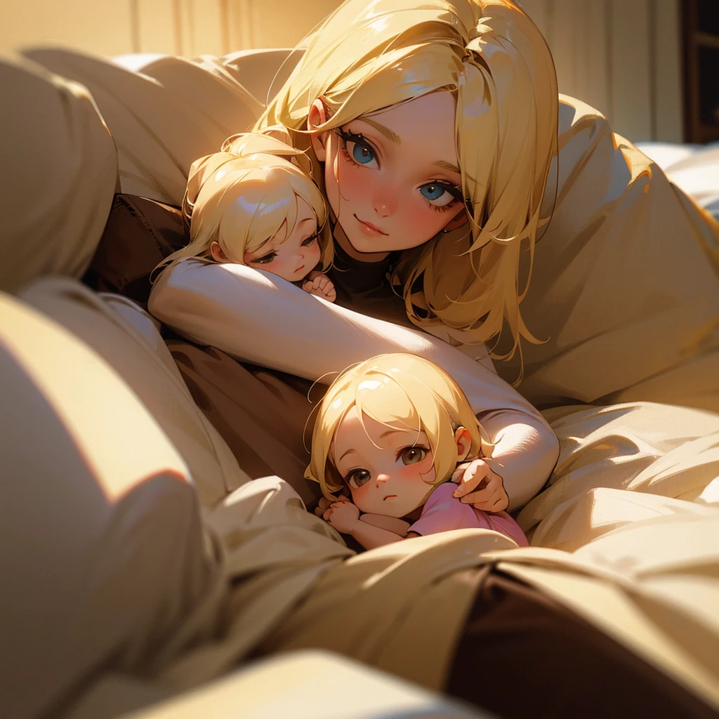 A blonde mother holding and looking at the face of a baby girl with a blonde hair in her bed in an ancient fancy bedroom 