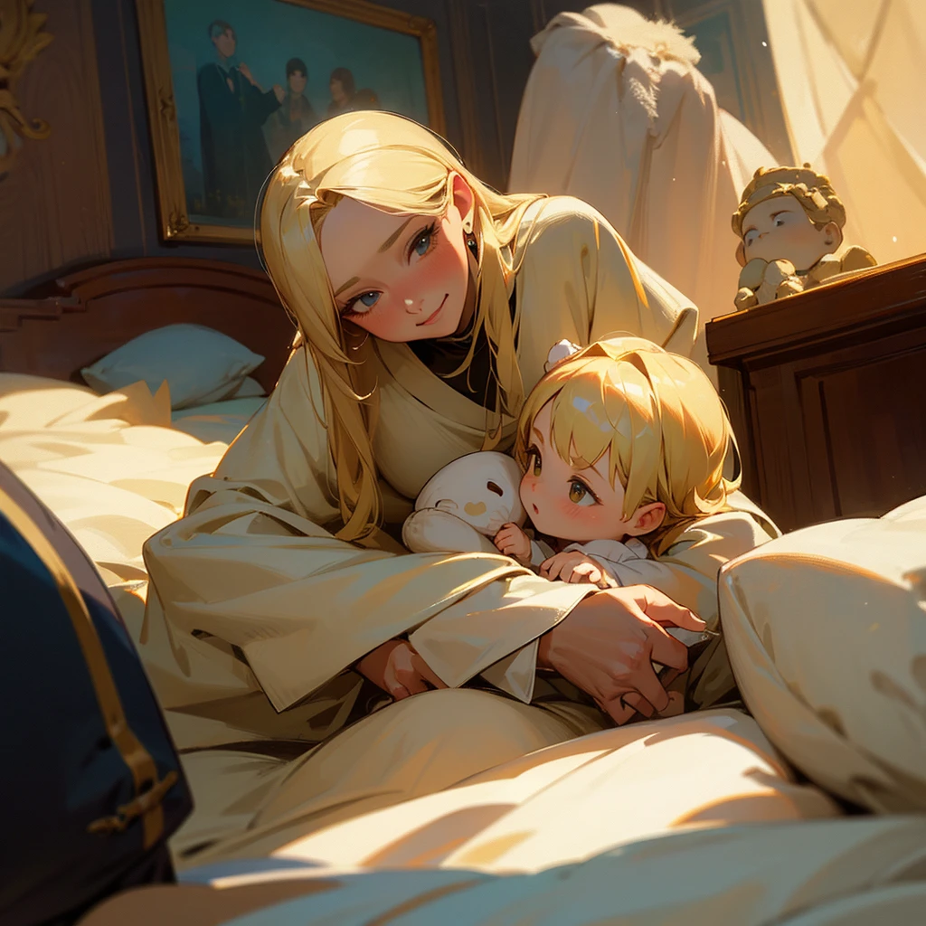 A blonde mother holding and looking at the face of a girl with a blonde hair in her bed in an ancient fancy bedroom