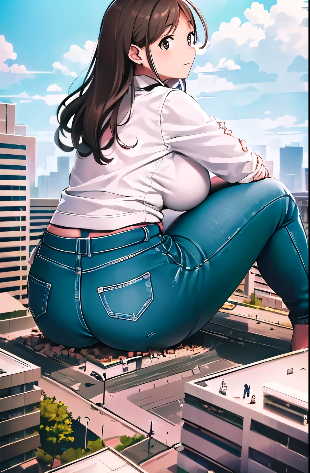 giantess, ((A giant lady bigger than a continent), Woman stooping, mamiya_kantaicollection, huge breast, Mature Woman, big ass, denim, shirt, low angle, View from the womans feet, Great impact, Very small city, city, Woman sitting, Woman about to sit down, Woman sitting on the ground, Woman sitting on the ground in the city, Broken Building, Destroyed town, Smoke from the buttocks, Dust, Big cities, Background of the metropolis, A giantess sitting in the biggest city on the continent, Super huge  girl bigger than a continent, from behind, from below, panorama