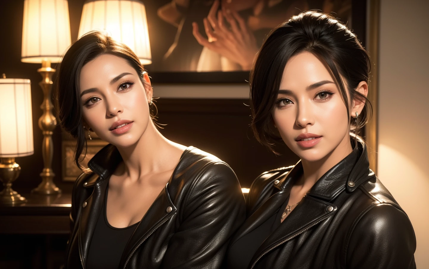 two gorgeous busty women, beautiful detailed eyes, beautiful detailed lips, extremely detailed face, long eyelashes, ponytail and short hair, leather jacket, lady bikers, beautiful detailed smile, beautiful detailed teeth, pov, lover, cinematic dramatic lighting, (best quality,4k,8k,highres,masterpiece:1.2),ultra-detailed,(realistic,photorealistic,photo-realistic:1.37),hdr,uhd,studio lighting,ultra-fine painting,sharp focus,physically-based rendering,extreme detail description,professional,vivid colors,bokeh,portrait,photorealistic,cinematic
