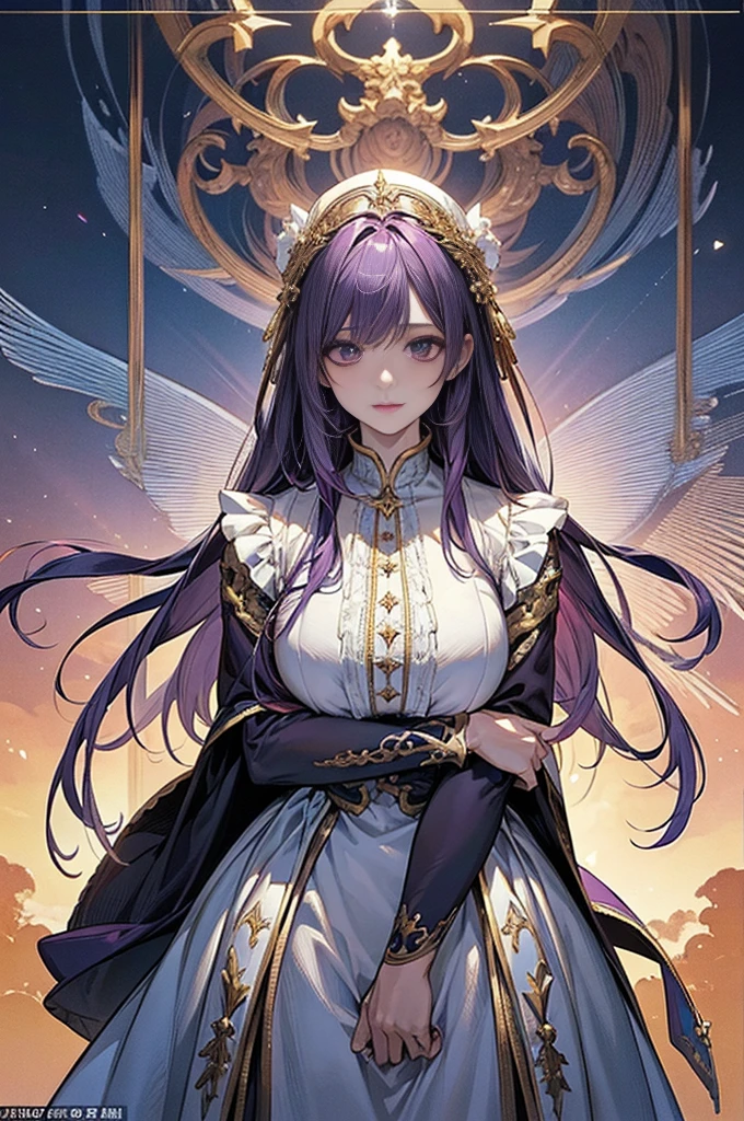envision a 8k, highres, cinematic, close up beautiful portrait of a slender girl named Ina'nis Ninomae with long purple hair, blue eyes, in a black dress with lace and waist wings with a golden halo above her head against a dark gray background