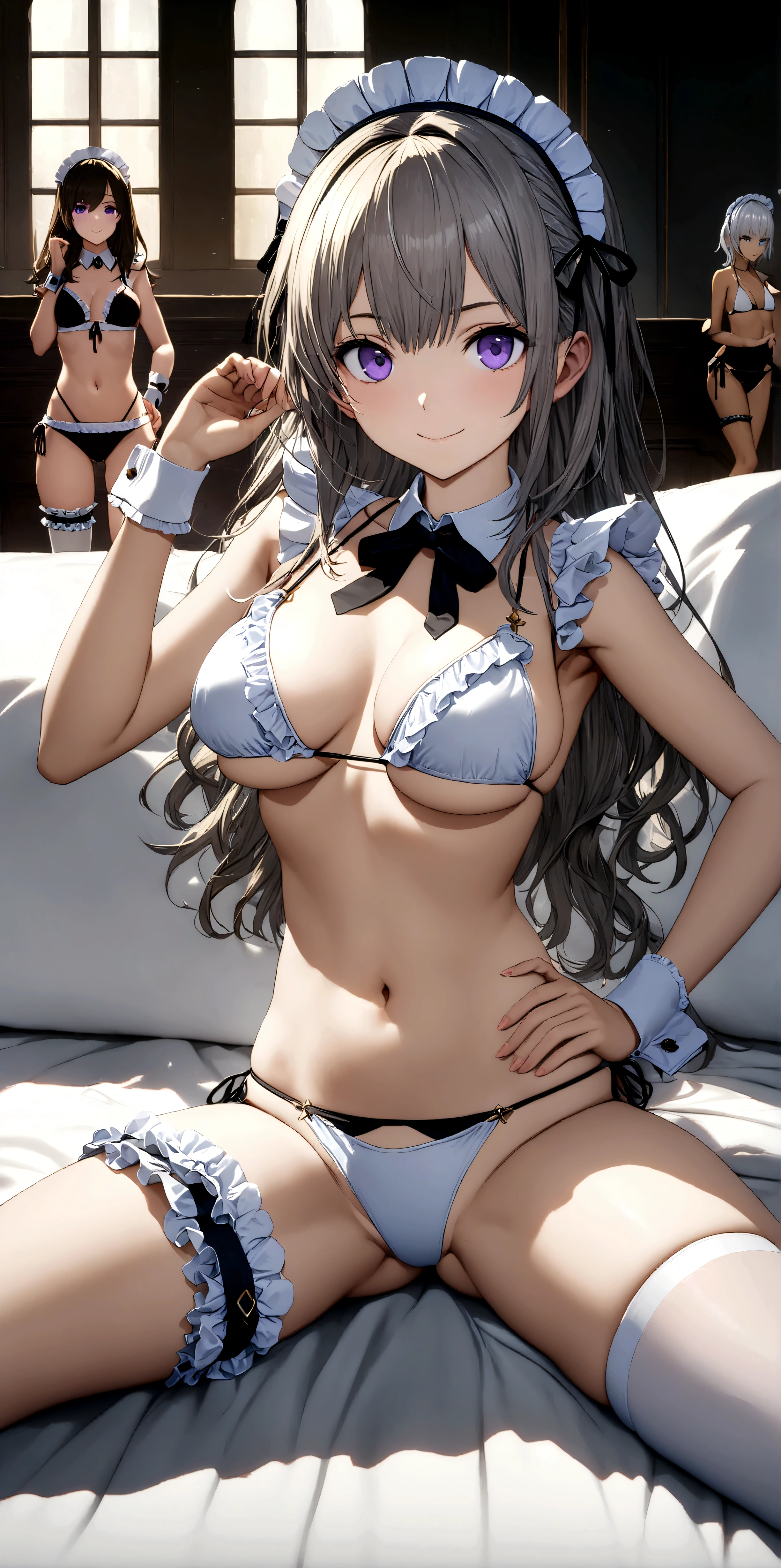 ((32k)), ((best quality)), ((ultra high res)), ((HDR)), ((UHD)), ((extremely detailed CG)), ((unity 32k wallpaper)), (((18 years old))), 3 girls, closed mouth, purple eyes, bikini, thighs, cowboy shot, frills, indoors, hand up, stomach, white thighhighs, hand on hip, wrist cuffs, maid, maid headdress, bare arms, skindentation, detached collar, side-tie bikini bottom, white bikini, single thighhigh, string bikini, frilled bikini, bridal garter, maid bikini, smile, large breasts, (Lie on the bed), (Spread your legs wide),