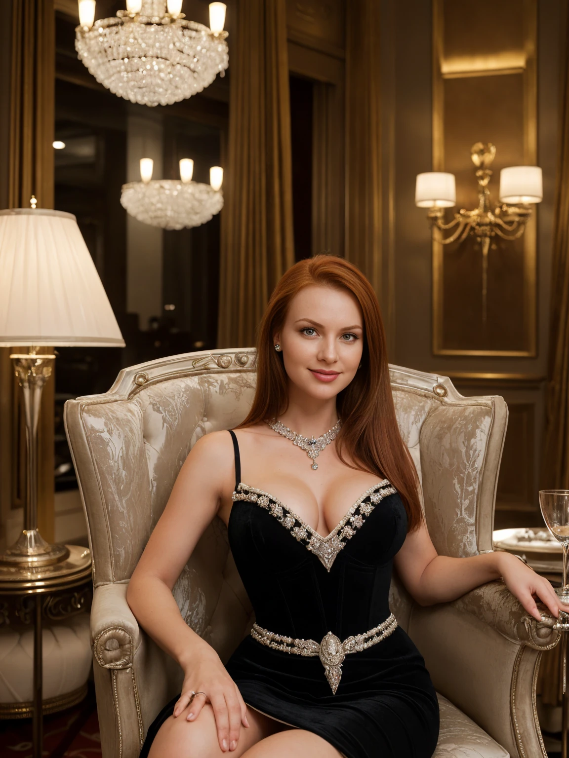 solo, realistic, photorealistic, natural lighting, (large forehead, (((Latvian woman))), (((Latvian nose))), (((Latvian eyes))), (((auburn hair))), (((straight thick hair))), (((Latvian face))), (((Latvian lips))), (((Latvian body))), uplift breasts, (((fair complexion))) pose: sitting on a chair, smiling, wearing Corset-Style Dress , cleavage, , background:Located downtown, this elegant lounge features art deco accents, velvet drapes, and a grand piano. Guests sip classic cocktails amidst crystal chandeliers and black-and-white cityscape photographs, serenaded by live jazz music.