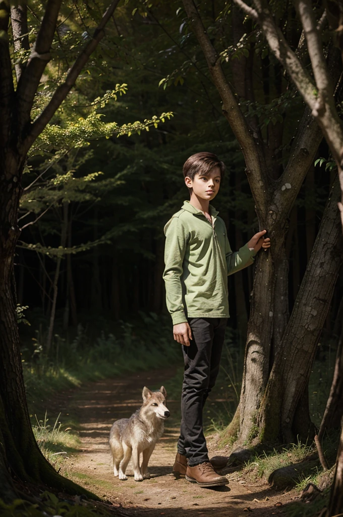 illustration of a boy from a fairy tale with a wolf in the forest